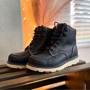 Never Worn Black Leather Boots with White Stitching